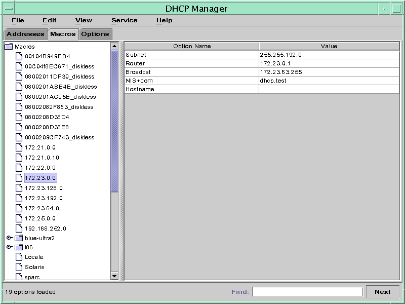 Macros tab shows list of macros with one macro selected. Option names and values contained in macro are shown. Find field and Next button are shown.