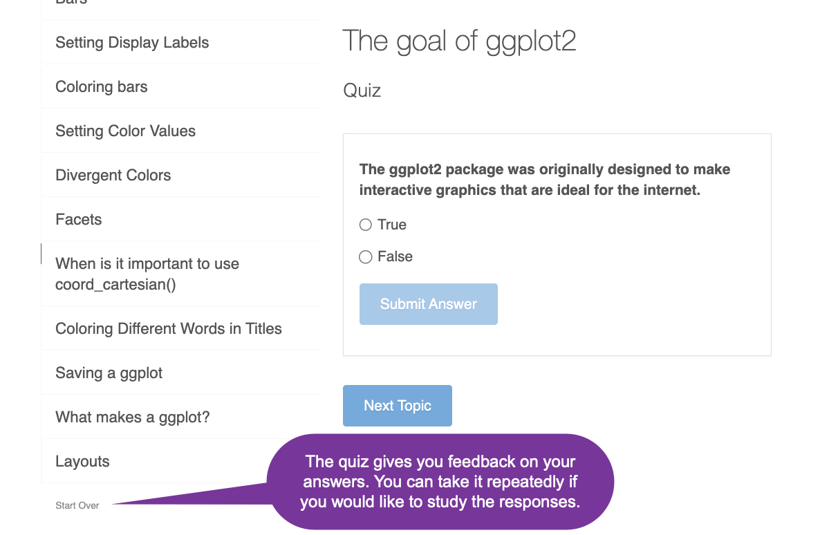 Image showing a true/false question with a call-out bubble pointing to Start Over at the bottom of a list of quiz question names.